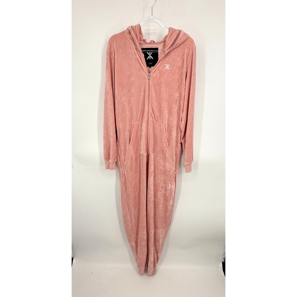 OnePiece Jumpsuit Size S Velour Velvet Pink Hooded Logo Soft Cozy Loungewear
